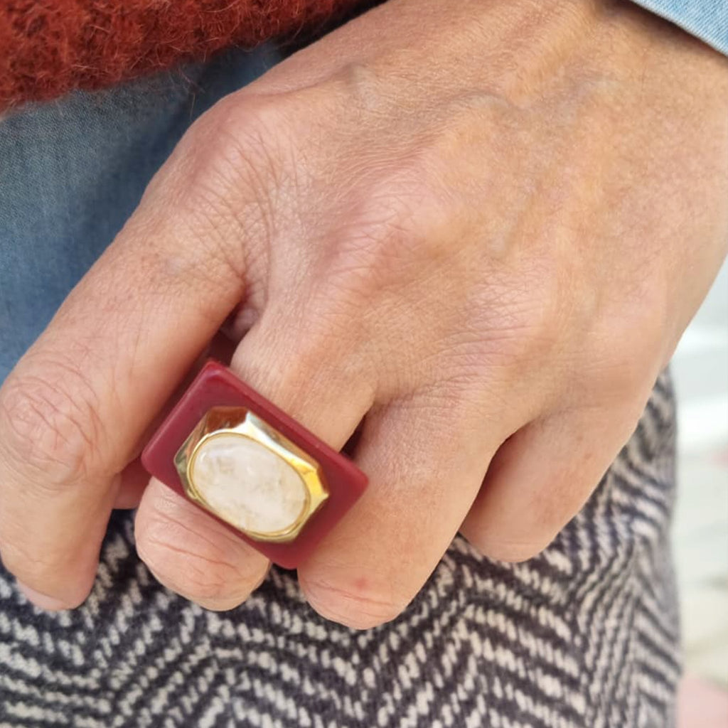 Anillo grande burdeos con cuarzo rosa - La Petite Sophie